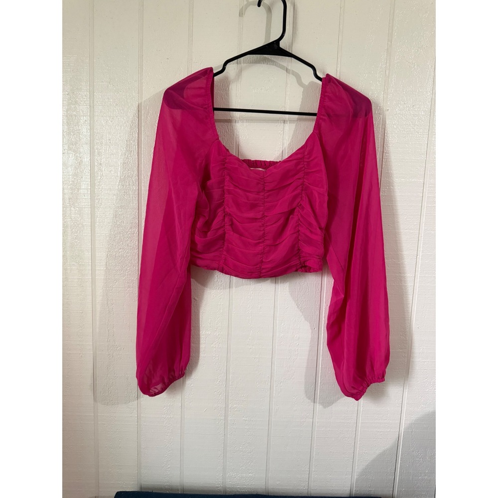 Altar'd State Hot Pink Ruched Smocked Crop Top Sheer Balloon Sleeve Small